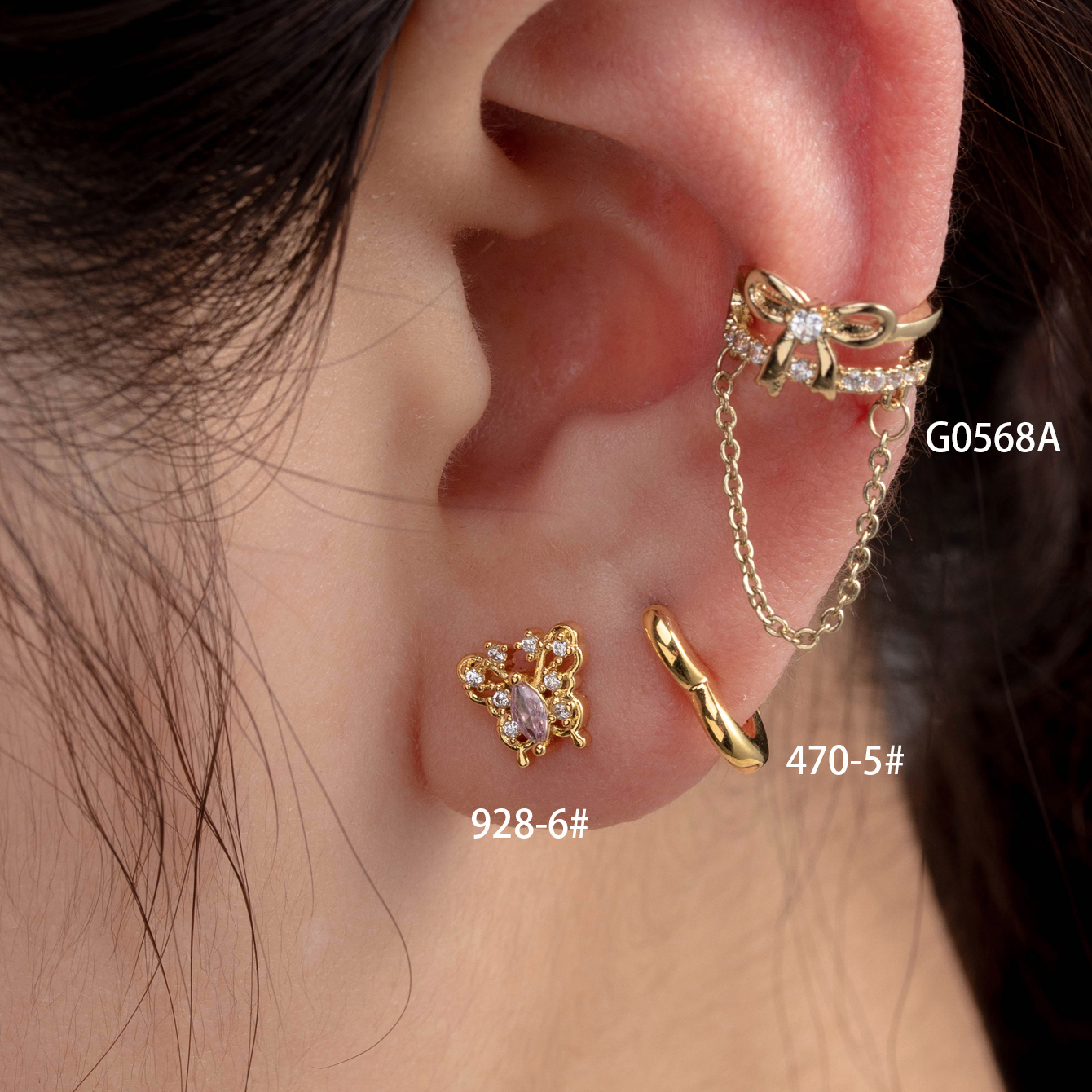 1 Piece Casual French Style Heart Shape Butterfly Bow Knot Chain Inlay Copper Zircon Earrings Ear Studs display picture 4