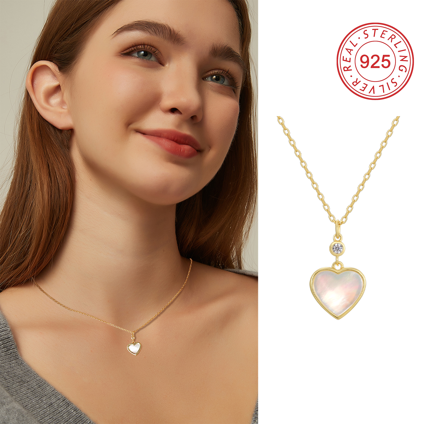 Sterling Silver 14K Gold Plated IG Style Shiny Inlay Star Heart Shape Shell Zircon Pendant Necklace display picture 6