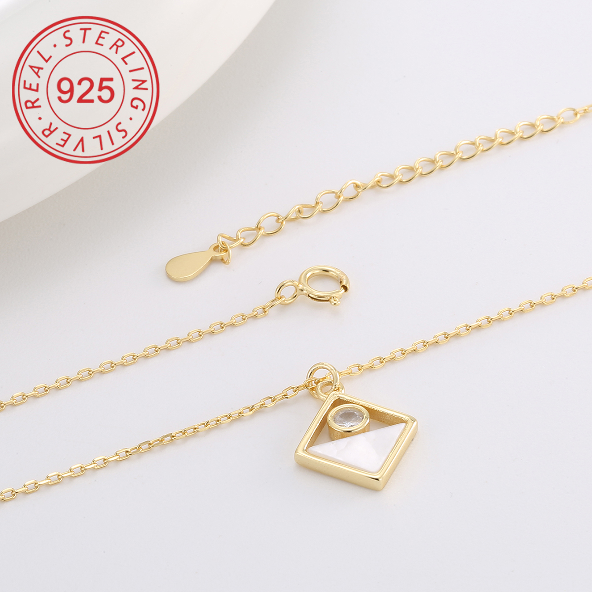 Sterling Silver 14K Gold Plated IG Style Simple Style Hollow Out Inlay Round Rhombus Shell Shell Zircon Pendant Necklace display picture 14