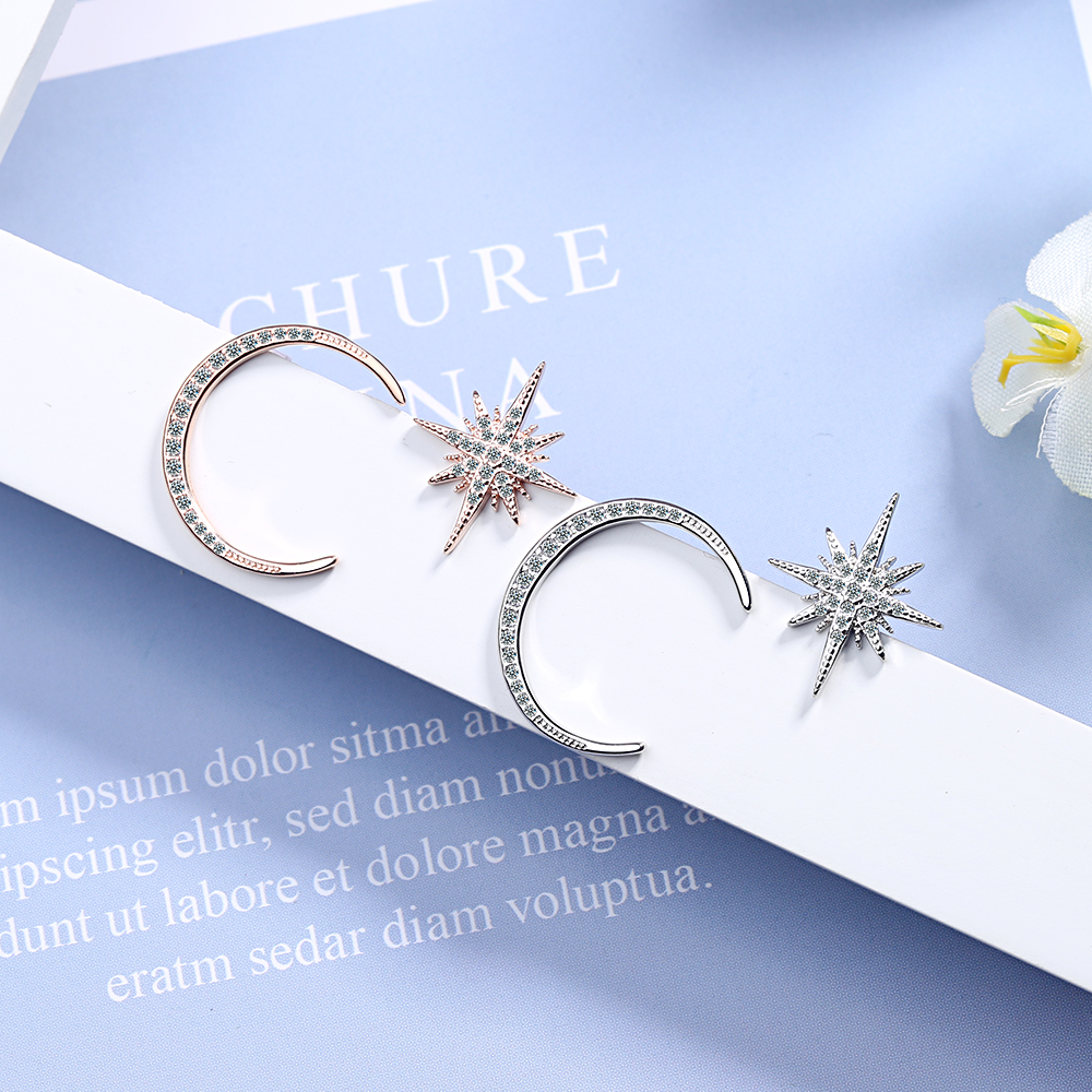 1 Pair Simple Style Shiny Star Moon Asymmetrical Inlay Copper Zircon Ear Studs display picture 5