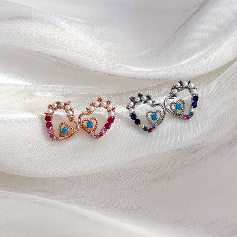 1 Pair Lady Simple Style Classic Style Heart Shape Inlay Copper Artificial Pearls Zircon Ear Studs display picture 7