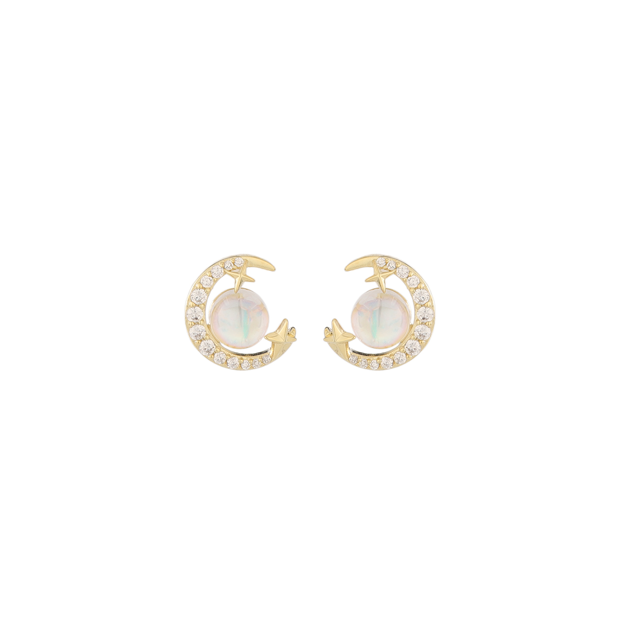 1 Pair Classic Style Moon Inlay Sterling Silver Zircon 14K Gold Plated Ear Studs display picture 1