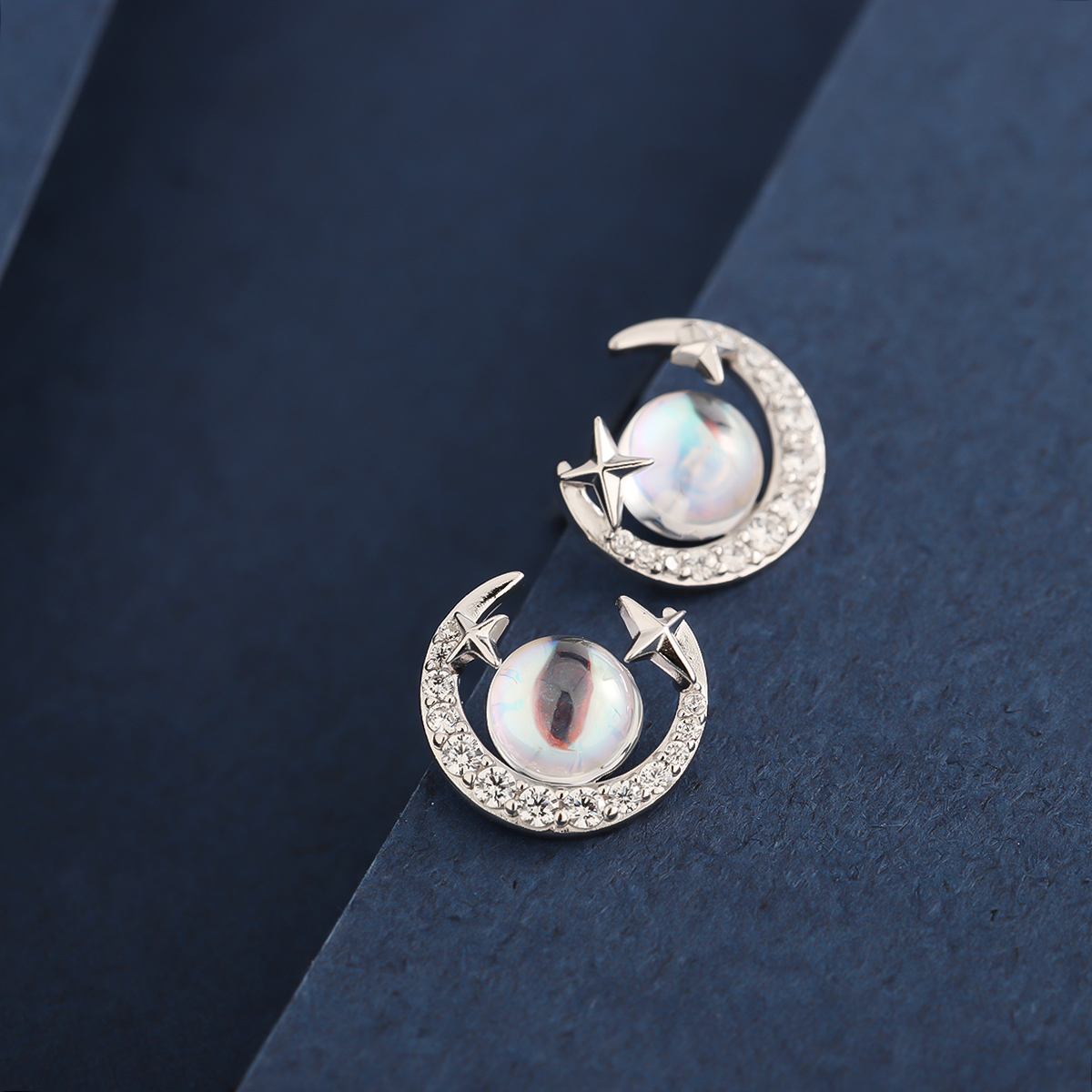 1 Pair Classic Style Moon Inlay Sterling Silver Zircon 14K Gold Plated Ear Studs display picture 4