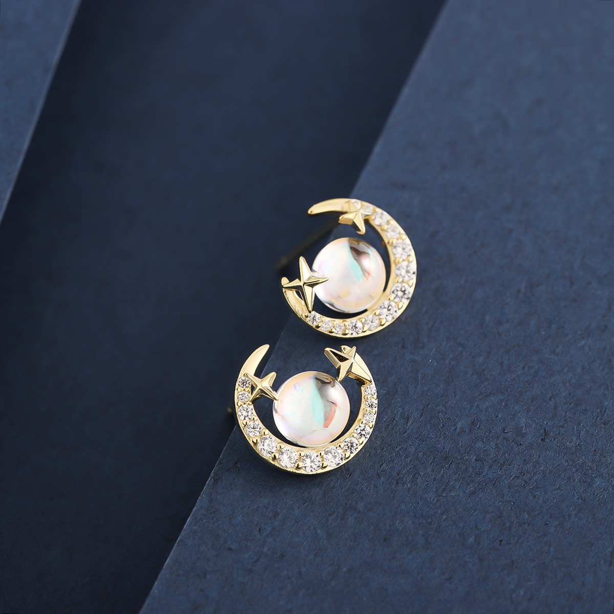 1 Pair Classic Style Moon Inlay Sterling Silver Zircon 14K Gold Plated Ear Studs display picture 6
