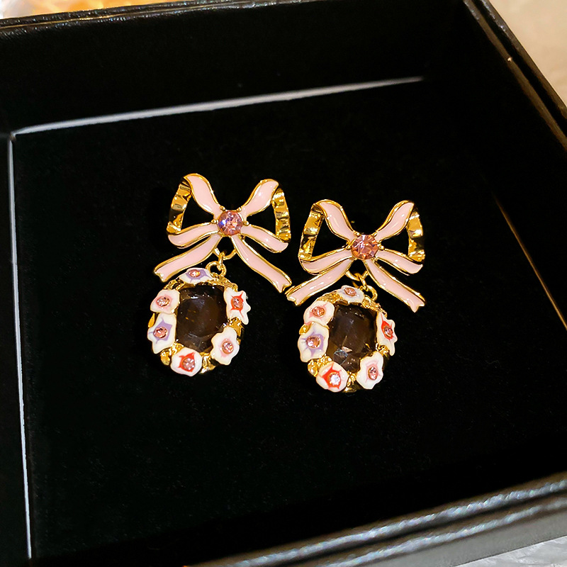 1 Pair Cute Lady Sweet Geometric Bow Knot Enamel Inlay Copper Zircon Drop Earrings display picture 5