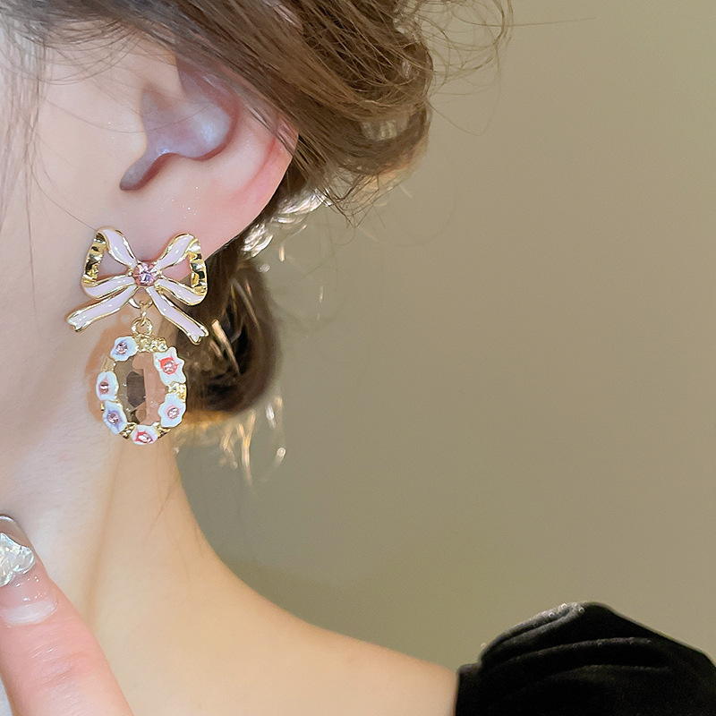 1 Pair Cute Lady Sweet Geometric Bow Knot Enamel Inlay Copper Zircon Drop Earrings display picture 4