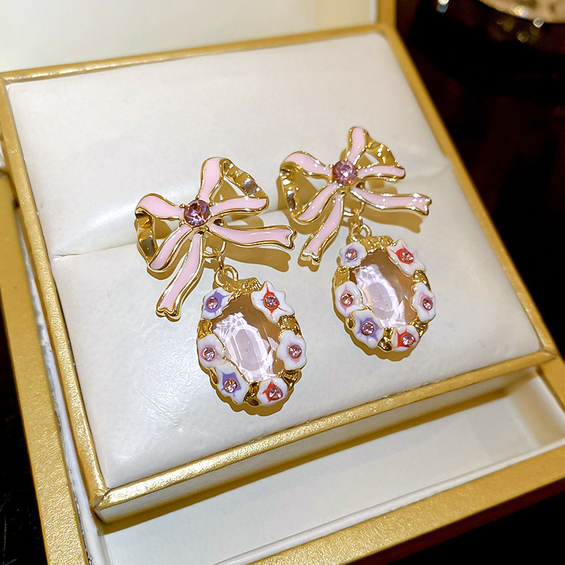 1 Pair Cute Lady Sweet Geometric Bow Knot Enamel Inlay Copper Zircon Drop Earrings display picture 2