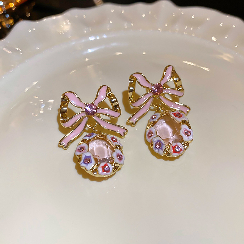 1 Pair Cute Lady Sweet Geometric Bow Knot Enamel Inlay Copper Zircon Drop Earrings display picture 3