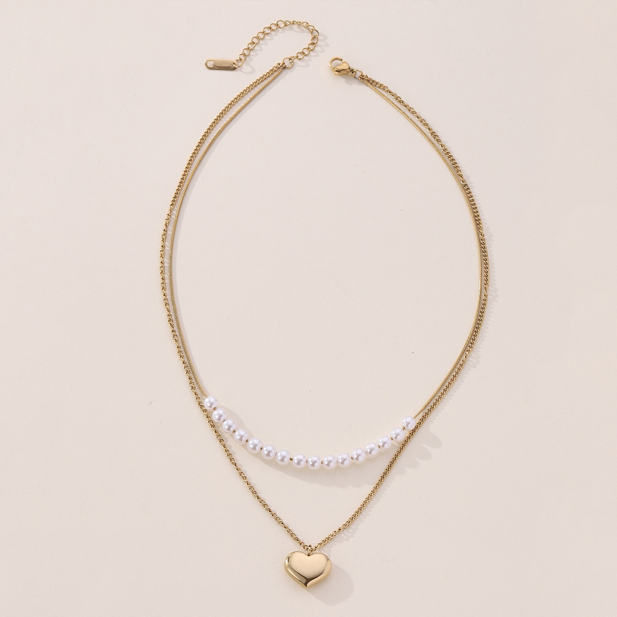304 Stainless Steel Imitation Pearl 18K Gold Plated Elegant Lady Streetwear Plating Heart Shape Double Layer Necklaces display picture 2