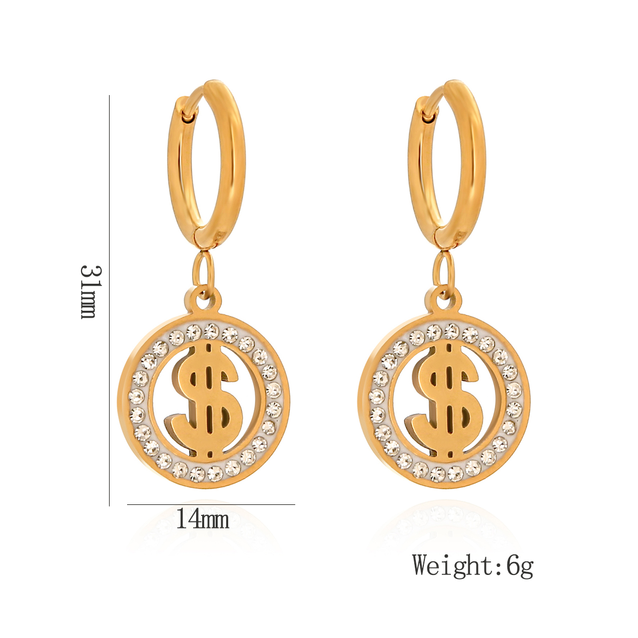 1 Pair Retro Simple Style Circle Dollar Hollow Out Inlay 304 Stainless Steel Artificial Rhinestones 18K Gold Plated Drop Earrings display picture 1