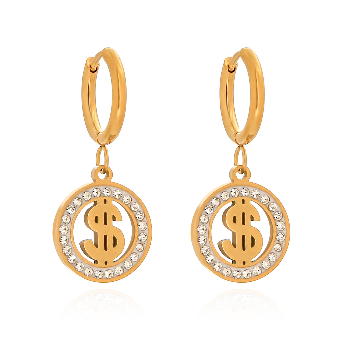 1 Pair Retro Simple Style Circle Dollar Hollow Out Inlay 304 Stainless Steel Artificial Rhinestones 18K Gold Plated Drop Earrings display picture 2