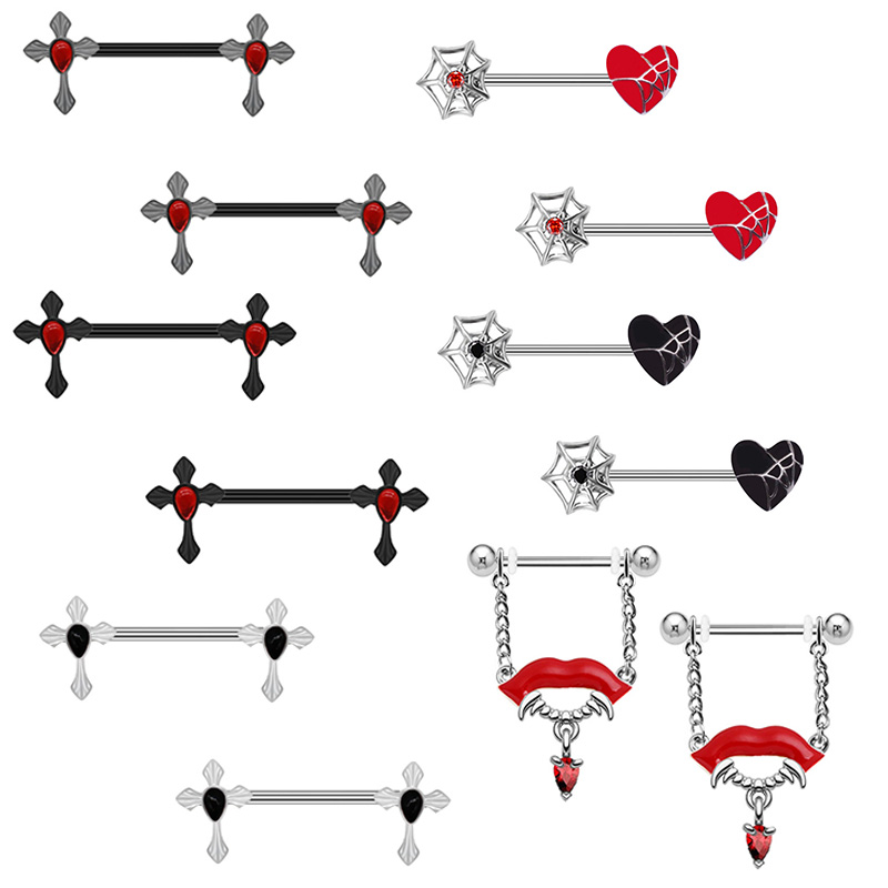 1 Piece Nipple Rings & Studs Punk Cross Heart Shape Spider Web Alloy Rhinestone Titanium Steel Epoxy Resin Glass White Gold Plated Gold Plated display picture 7