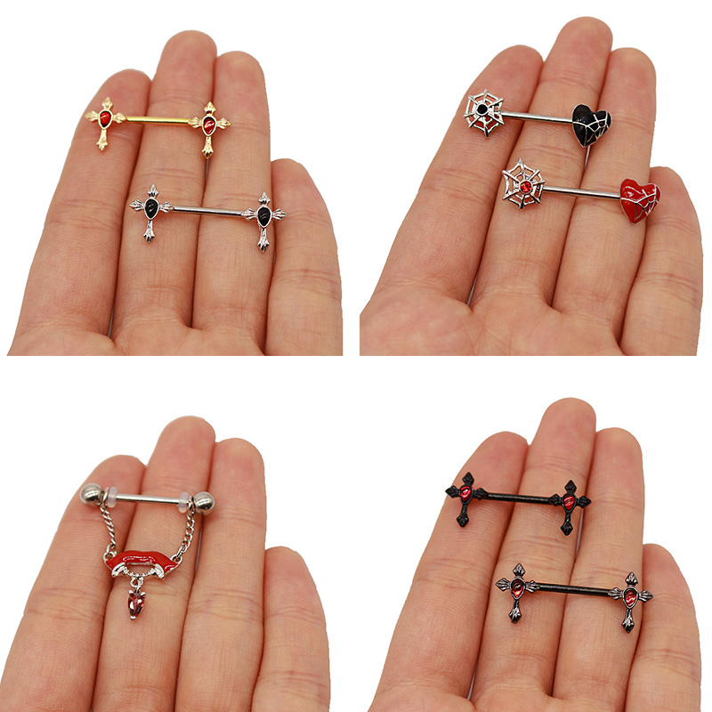 1 Piece Nipple Rings & Studs Punk Cross Heart Shape Spider Web Alloy Rhinestone Titanium Steel Epoxy Resin Glass White Gold Plated Gold Plated display picture 26