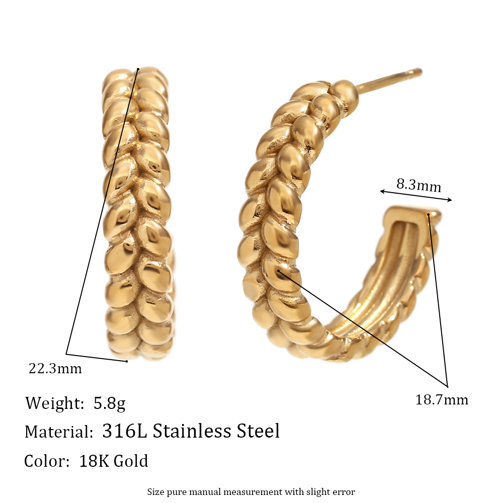 1 Pair Basic Simple Style Classic Style C Shape Grain Plating 304 Stainless Steel 18K Gold Plated Hoop Earrings display picture 2