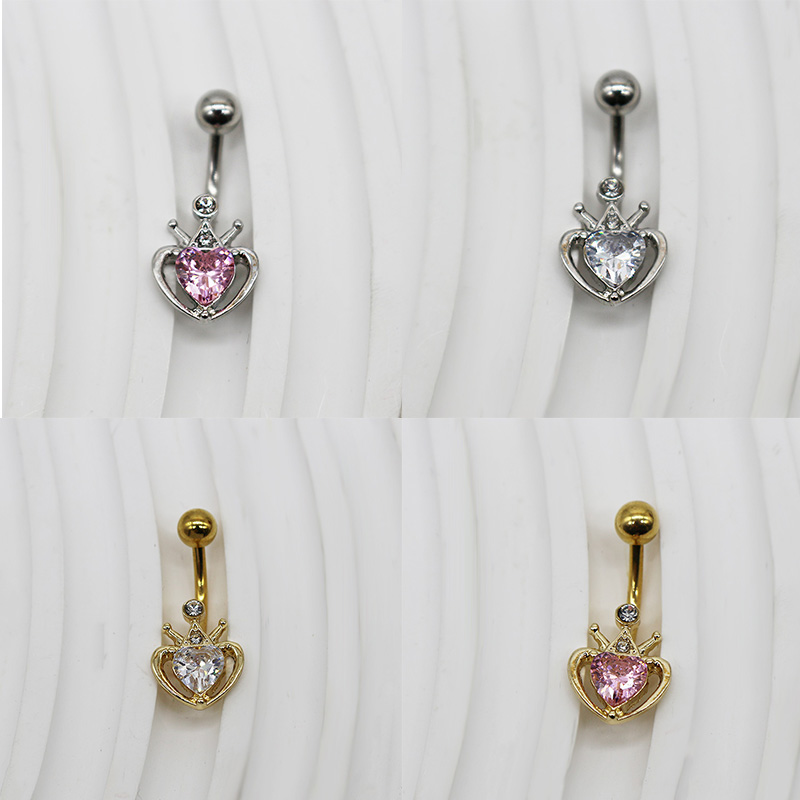 1 Piece Belly Rings Cute Heart Shape Crown Alloy Glass Titanium Steel Inlay Rhinestones Glass White Gold Plated Gold Plated display picture 16