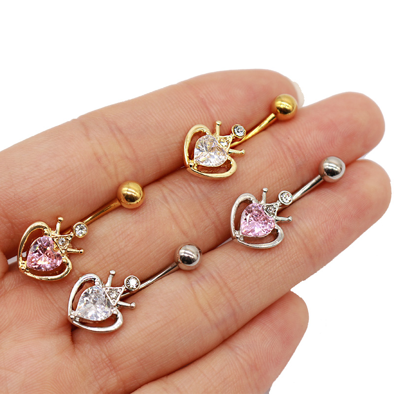 1 Piece Belly Rings Cute Heart Shape Crown Alloy Glass Titanium Steel Inlay Rhinestones Glass White Gold Plated Gold Plated display picture 15