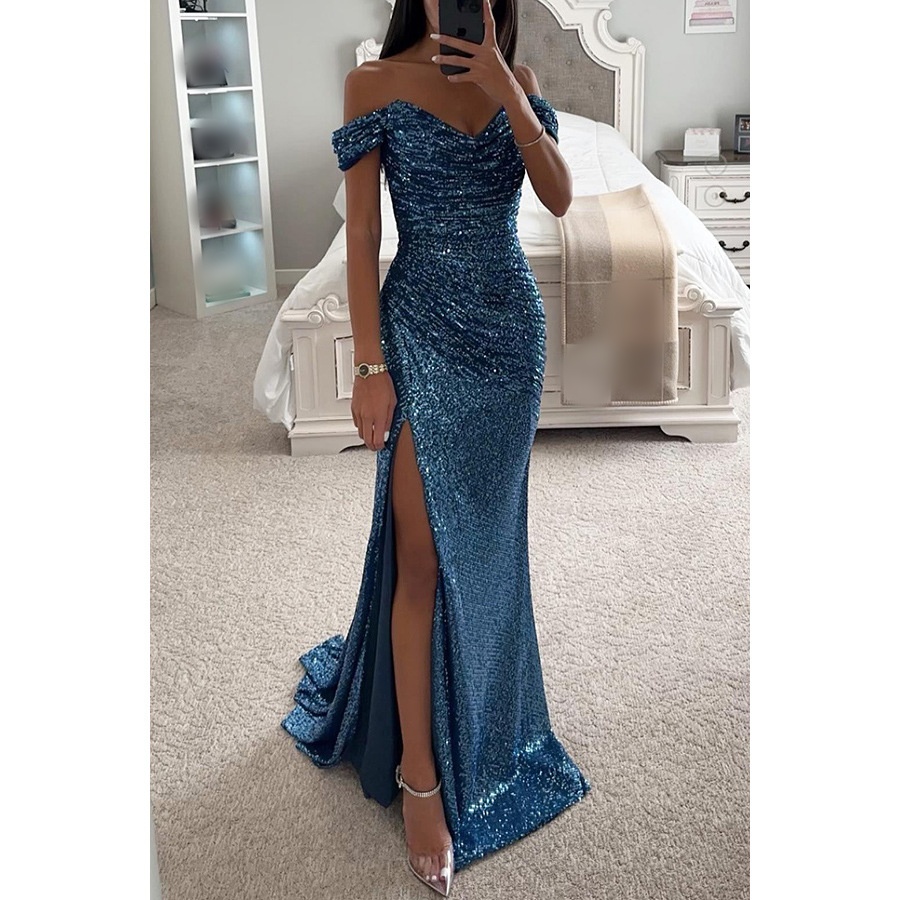 Women's Party Dress Classic Style V Neck Sequins Slit Zipper Sleeveless Solid Color Maxi Long Dress Banquet Party display picture 7