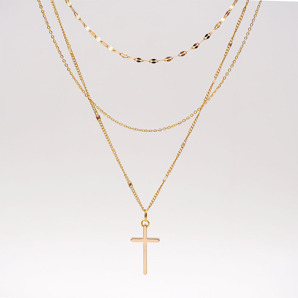 304 Stainless Steel Titanium Steel Copper Gold Plated Classic Style Handmade Cross Three Layer Necklace display picture 3