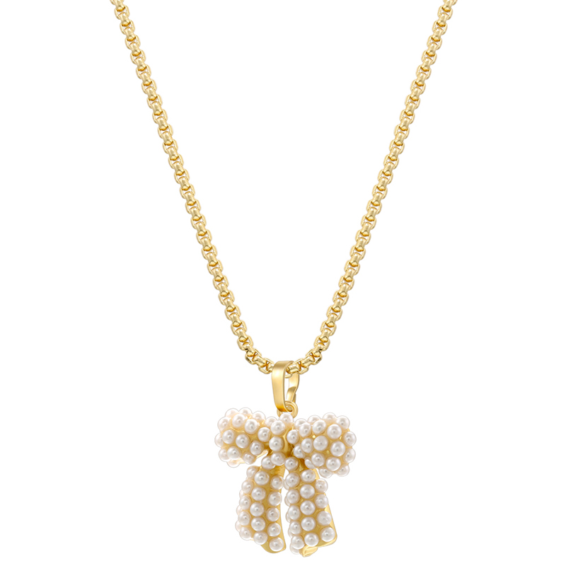 Kupfer 18 Karat Vergoldet Elegant Einfacher Stil Inlay Bogenknoten Künstliche Perlen Halskette Mit Anhänger display picture 3