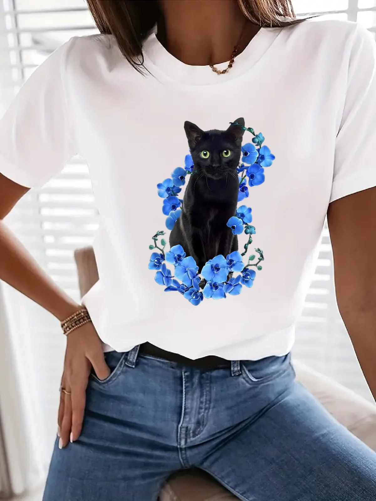 Women's T-shirt Short Sleeve T-Shirts Simple Style Cat Flower display picture 3