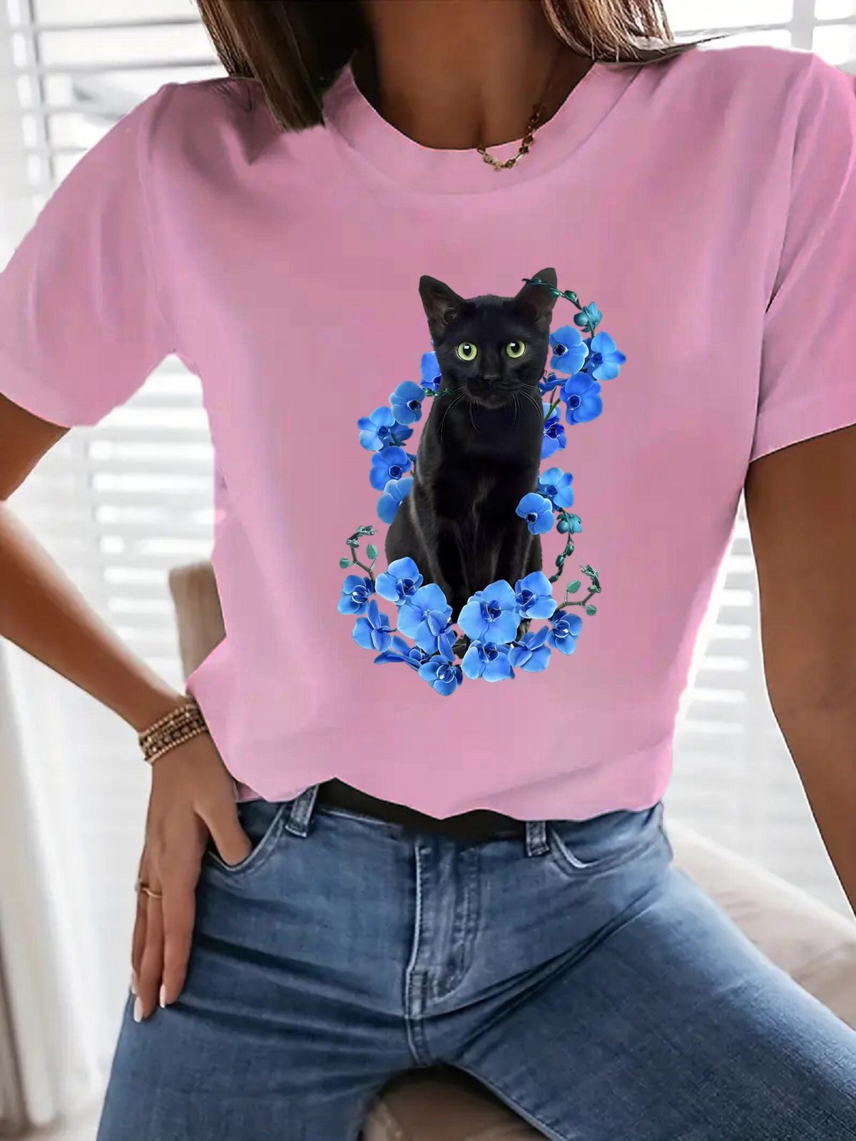 Women's T-shirt Short Sleeve T-Shirts Simple Style Cat Flower display picture 4