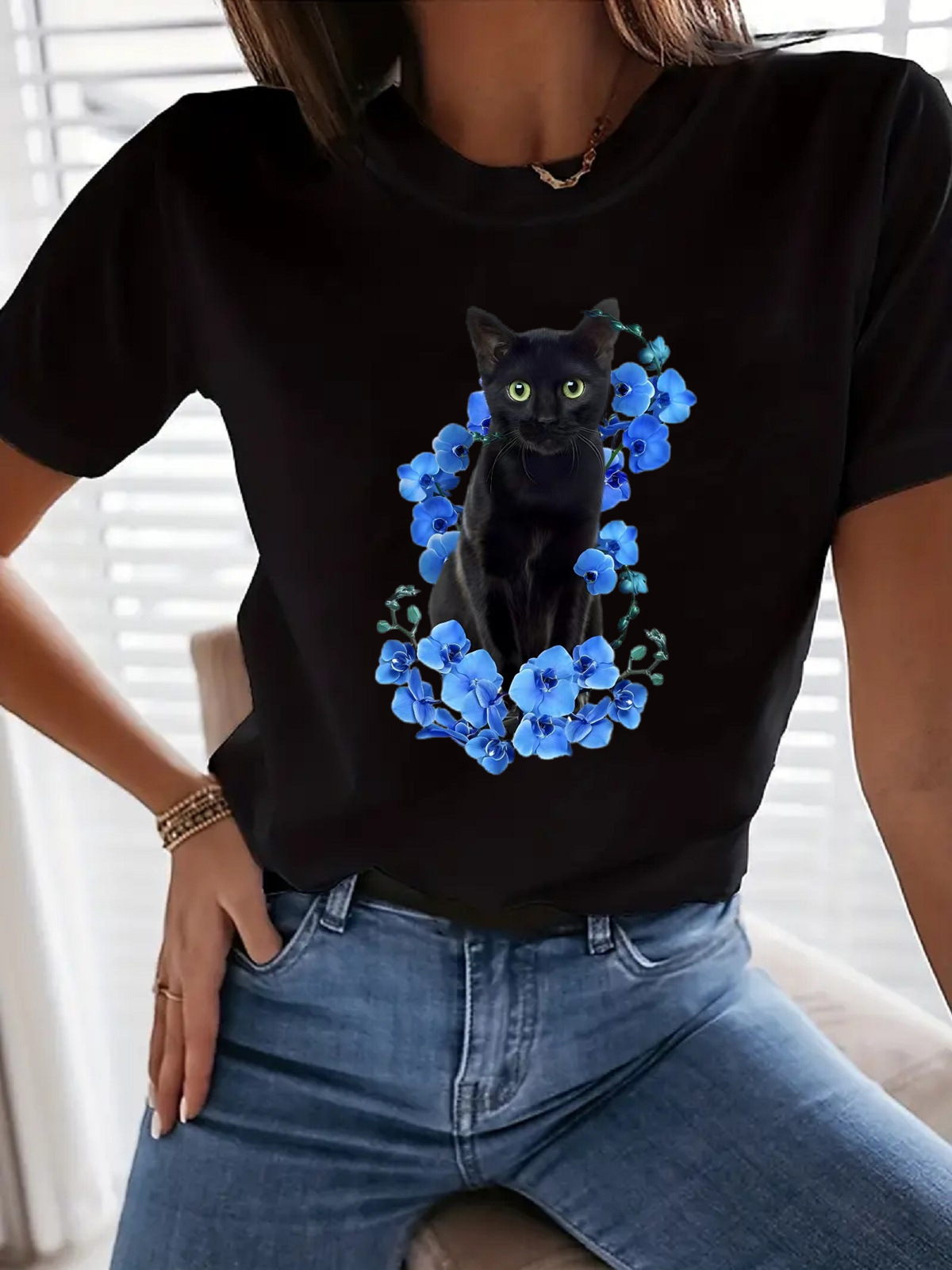 Women's T-shirt Short Sleeve T-Shirts Simple Style Cat Flower display picture 5