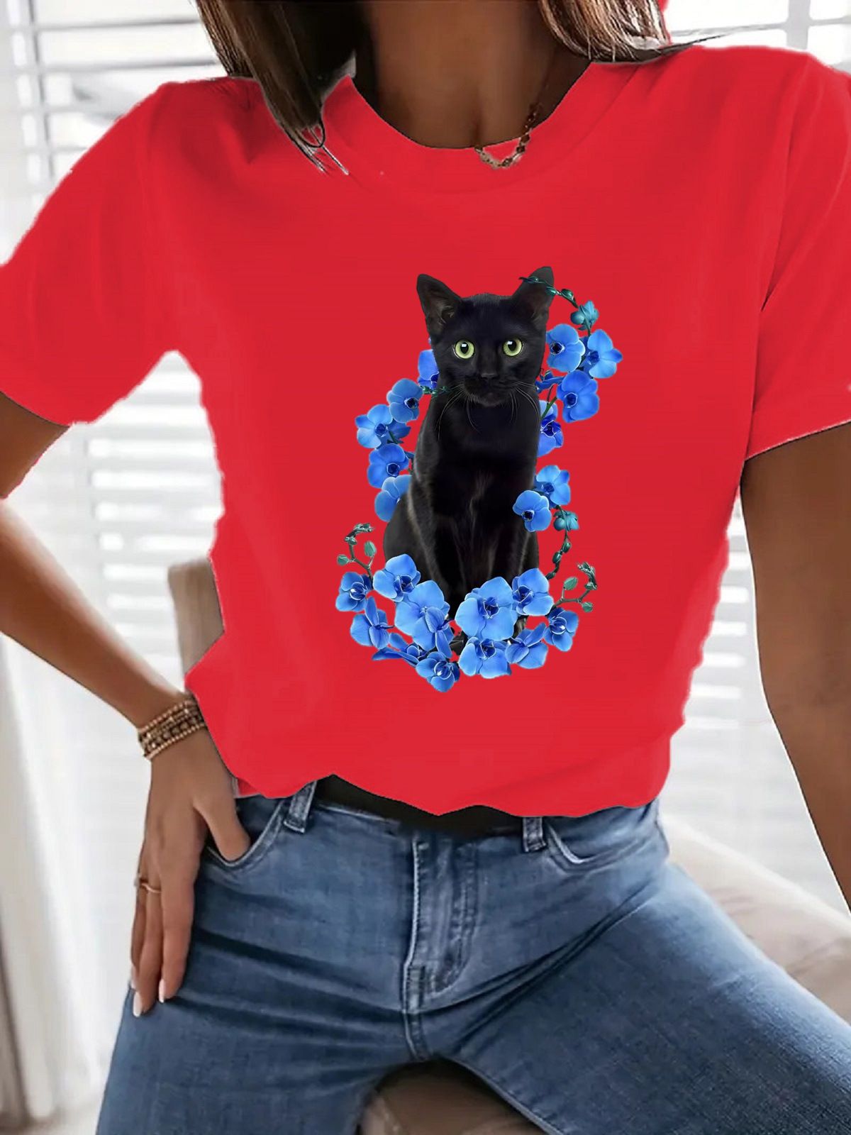 Women's T-shirt Short Sleeve T-Shirts Simple Style Cat Flower display picture 6