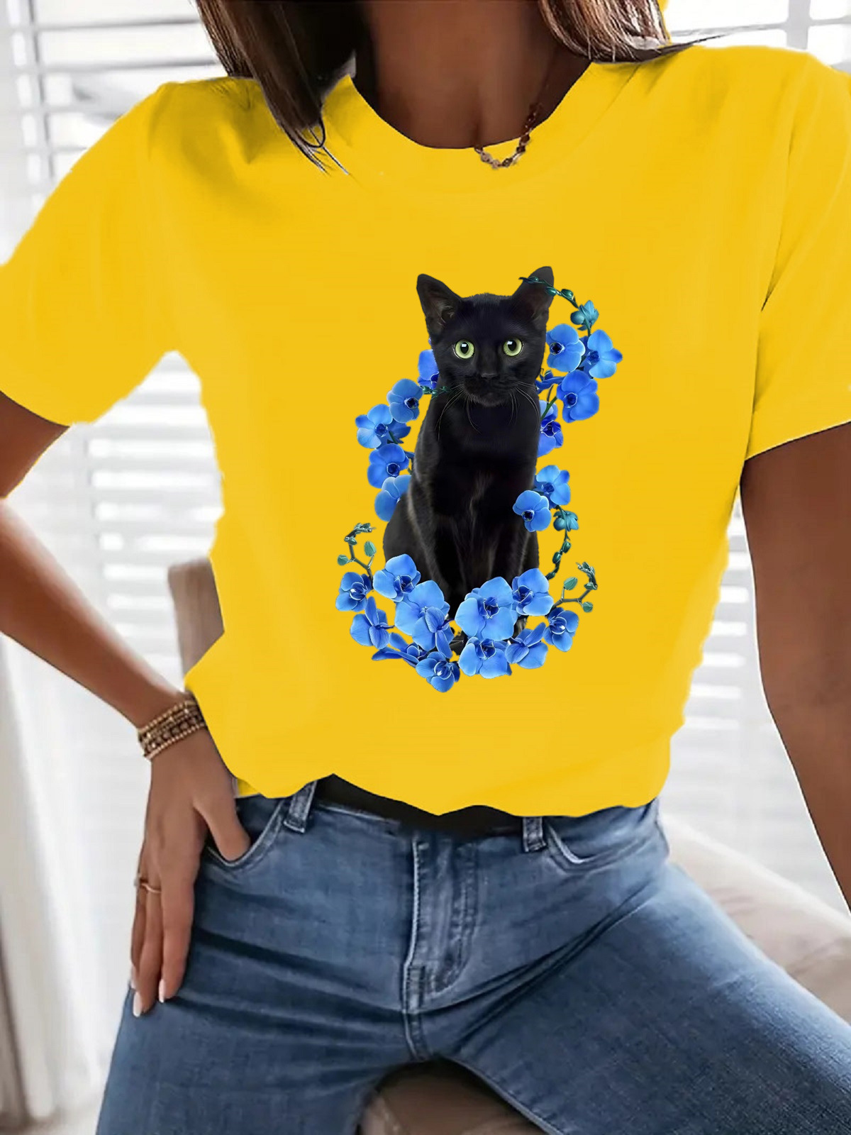 Frau T-Shirt Kurzarm T-Shirts Einfacher Stil Katze Blume display picture 7
