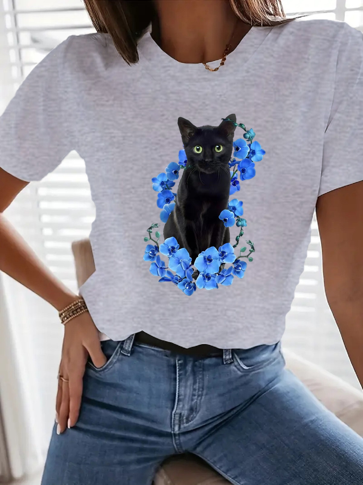 Frau T-Shirt Kurzarm T-Shirts Einfacher Stil Katze Blume display picture 8