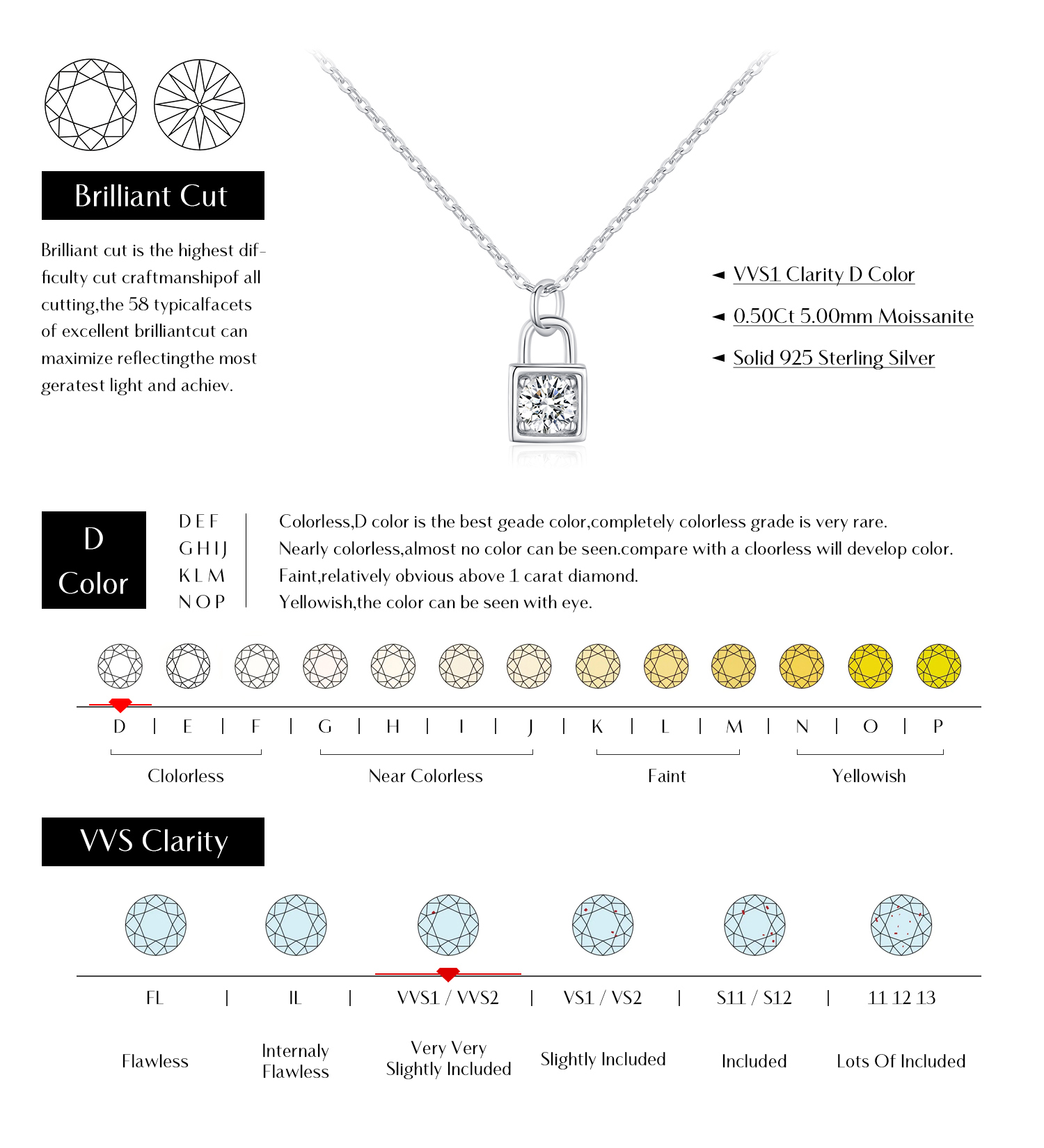 Sterling Silver Silver Plated Simple Style Shiny Plating Inlay Lock Moissanite Pendant Necklace display picture 4