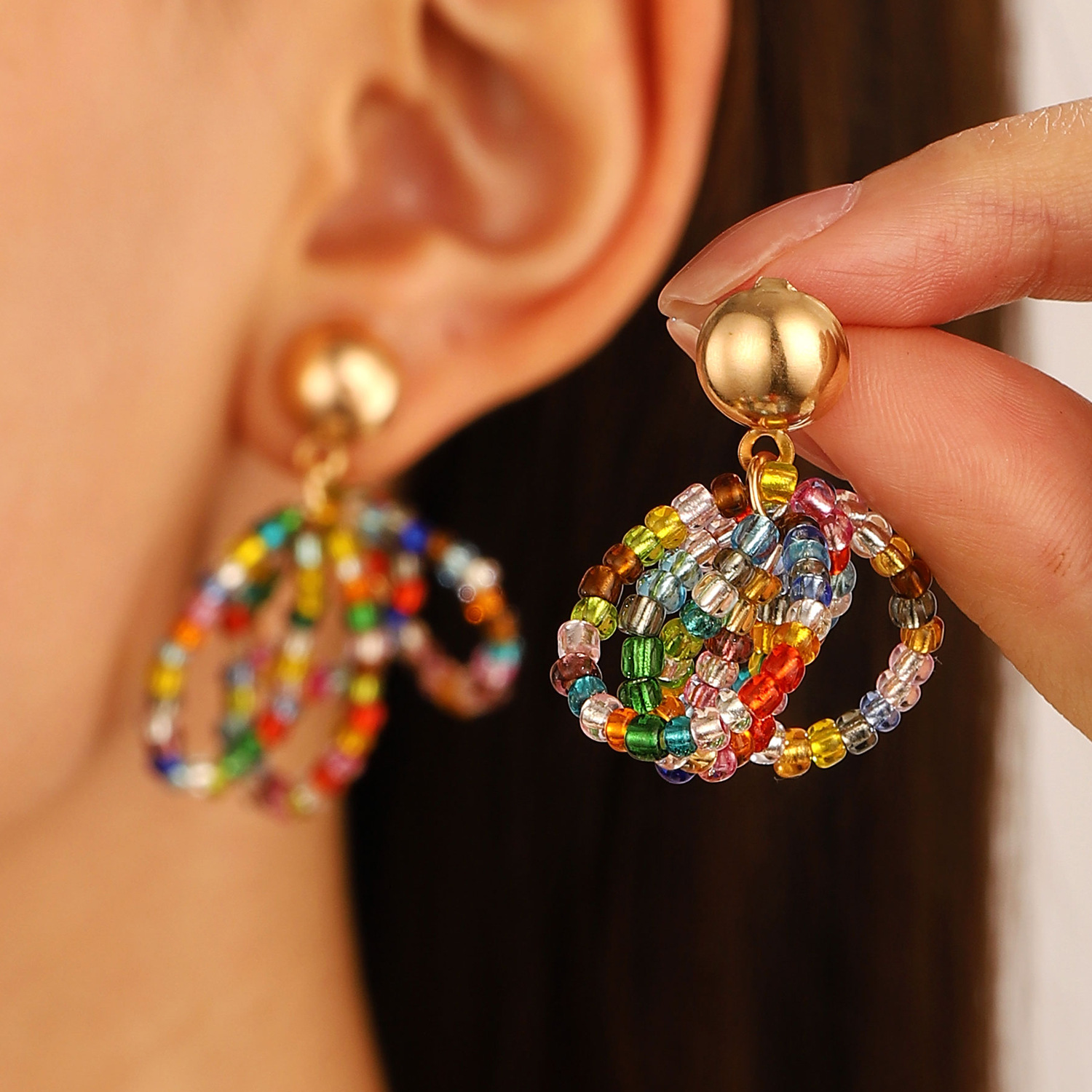 1 Pair Retro Simple Style Geometric Beaded Mixed Materials Drop Earrings display picture 3
