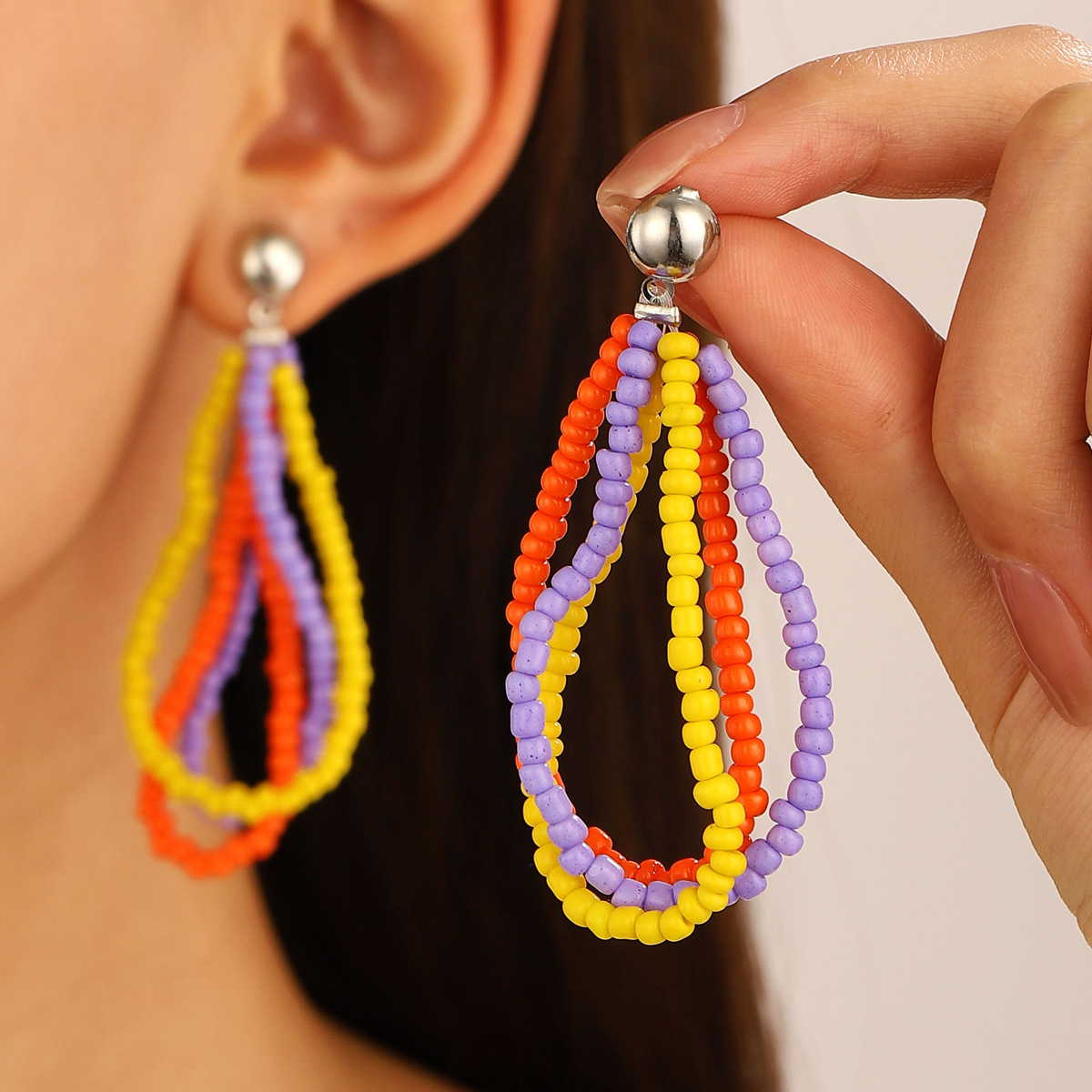 1 Pair Retro Simple Style Geometric Beaded Mixed Materials Drop Earrings display picture 2