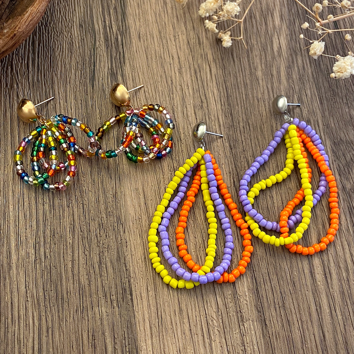 1 Pair Retro Simple Style Geometric Beaded Mixed Materials Drop Earrings display picture 1