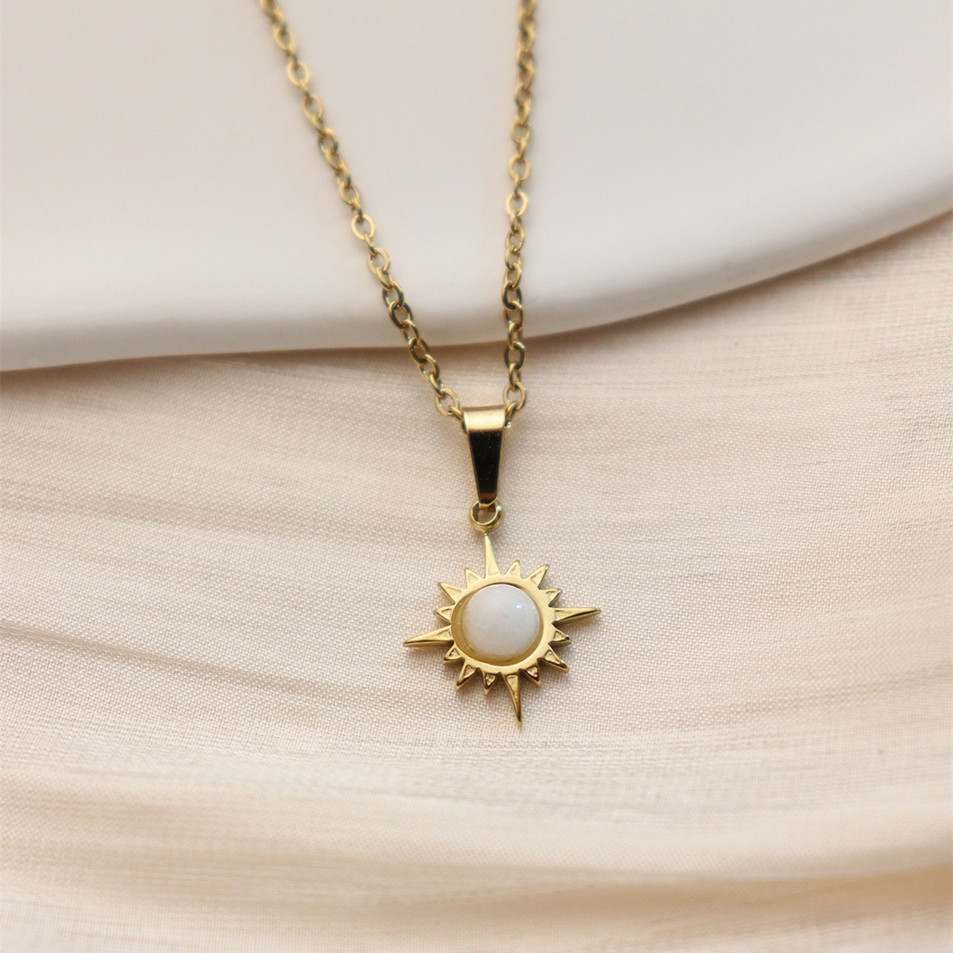304 Stainless Steel 18K Gold Plated Retro Inlay Square Moon Oval Natural Stone Zircon Pendant Necklace display picture 6