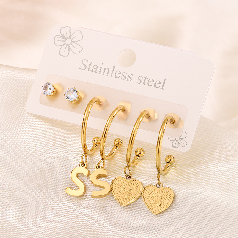 3 Pairs Simple Style Shiny Letter Heart Shape Plating Inlay 304 Stainless Steel Zircon 18K Gold Plated Drop Earrings display picture 10