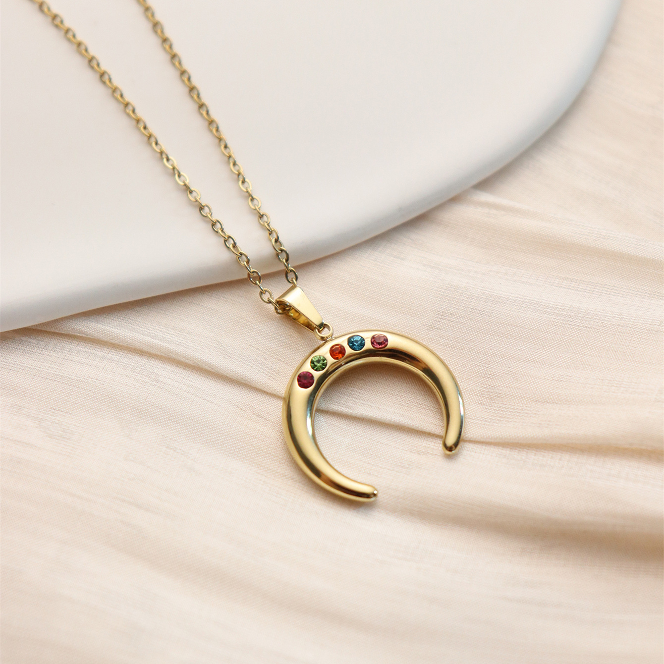 304 Stainless Steel 18K Gold Plated Retro Inlay Square Moon Oval Natural Stone Zircon Pendant Necklace display picture 31