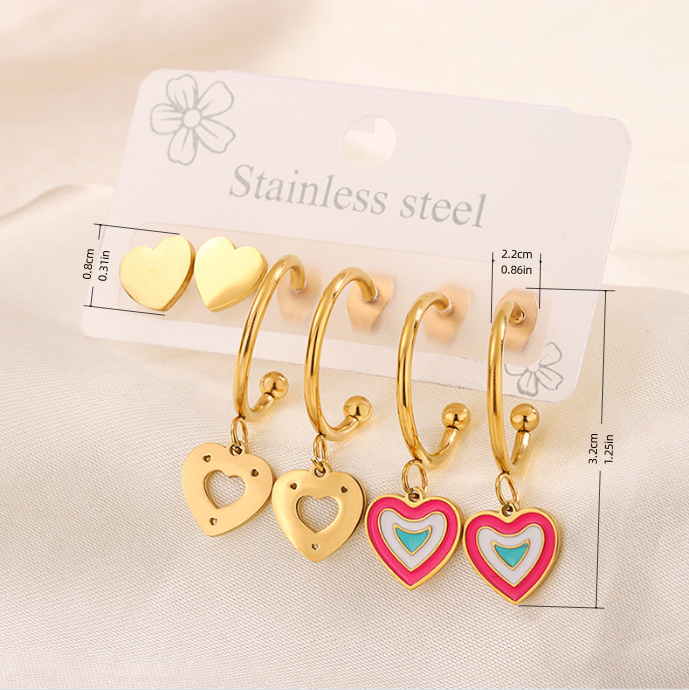 3 Pairs Simple Style Hand Of Fatima Heart Shape Flower Enamel 304 Stainless Steel 18K Gold Plated Drop Earrings Ear Studs display picture 4