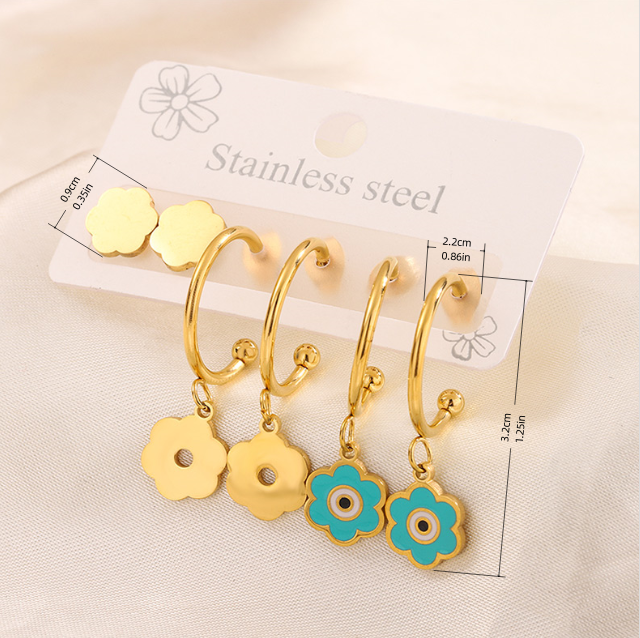3 Pairs Simple Style Hand Of Fatima Heart Shape Flower Enamel 304 Stainless Steel 18K Gold Plated Drop Earrings Ear Studs display picture 7