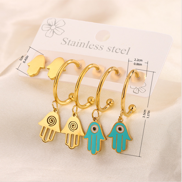 3 Pairs Simple Style Hand Of Fatima Heart Shape Flower Enamel 304 Stainless Steel 18K Gold Plated Drop Earrings Ear Studs display picture 9