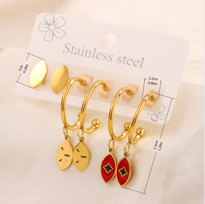 3 Pairs Simple Style Hand Of Fatima Heart Shape Flower Enamel 304 Stainless Steel 18K Gold Plated Drop Earrings Ear Studs display picture 8