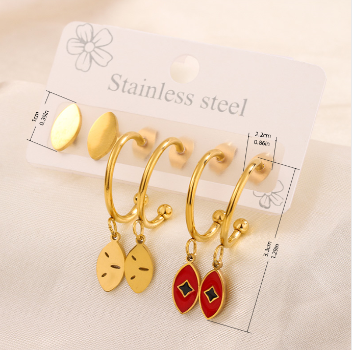 3 Pares Estilo Simple Mano De Fátima Forma De Corazón Flor Esmalte Acero Inoxidable 304 Chapados en oro de 18k Pendientes De Gota Pendientes display picture 8