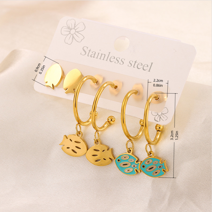 3 Pairs Simple Style Hand Of Fatima Heart Shape Flower Enamel 304 Stainless Steel 18K Gold Plated Drop Earrings Ear Studs display picture 10