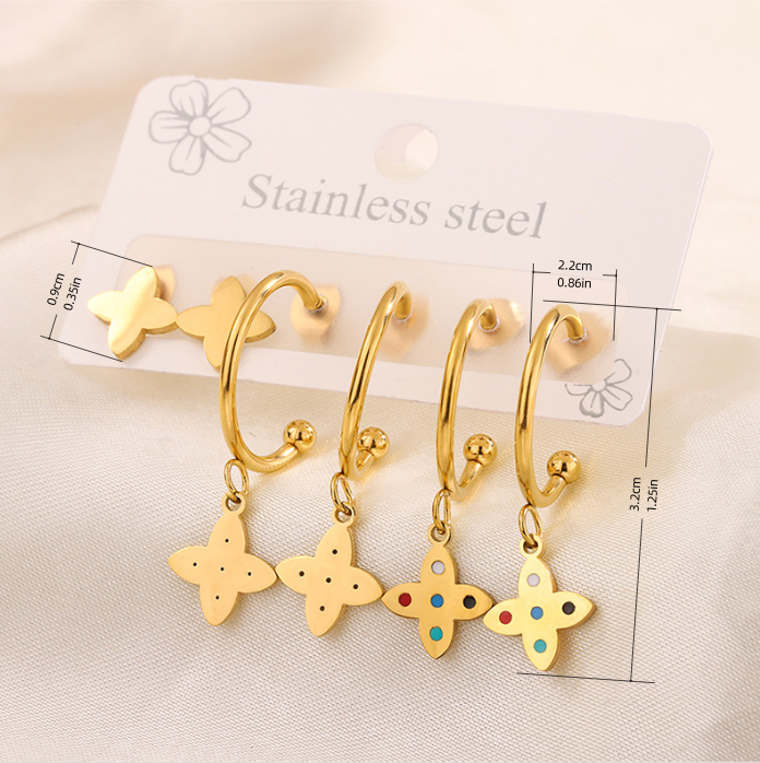3 Pairs Simple Style Hand Of Fatima Heart Shape Flower Enamel 304 Stainless Steel 18K Gold Plated Drop Earrings Ear Studs display picture 3