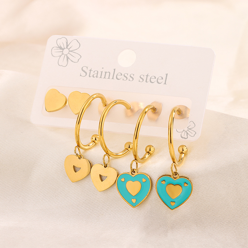 3 Pairs Simple Style Hand Of Fatima Heart Shape Flower Enamel 304 Stainless Steel 18K Gold Plated Drop Earrings Ear Studs display picture 23