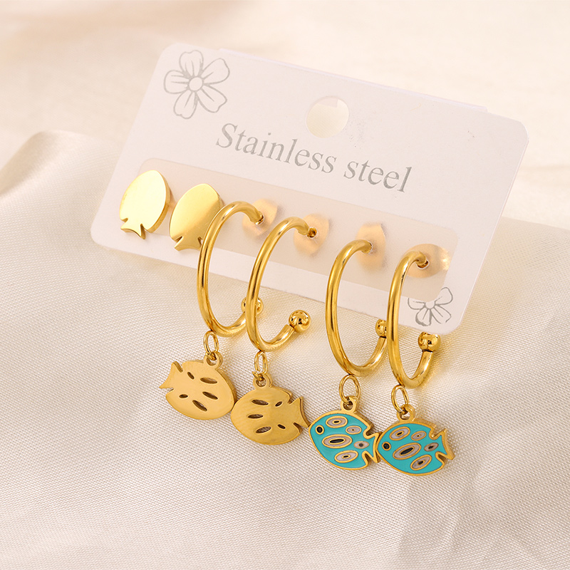 3 Pairs Simple Style Hand Of Fatima Heart Shape Flower Enamel 304 Stainless Steel 18K Gold Plated Drop Earrings Ear Studs display picture 21