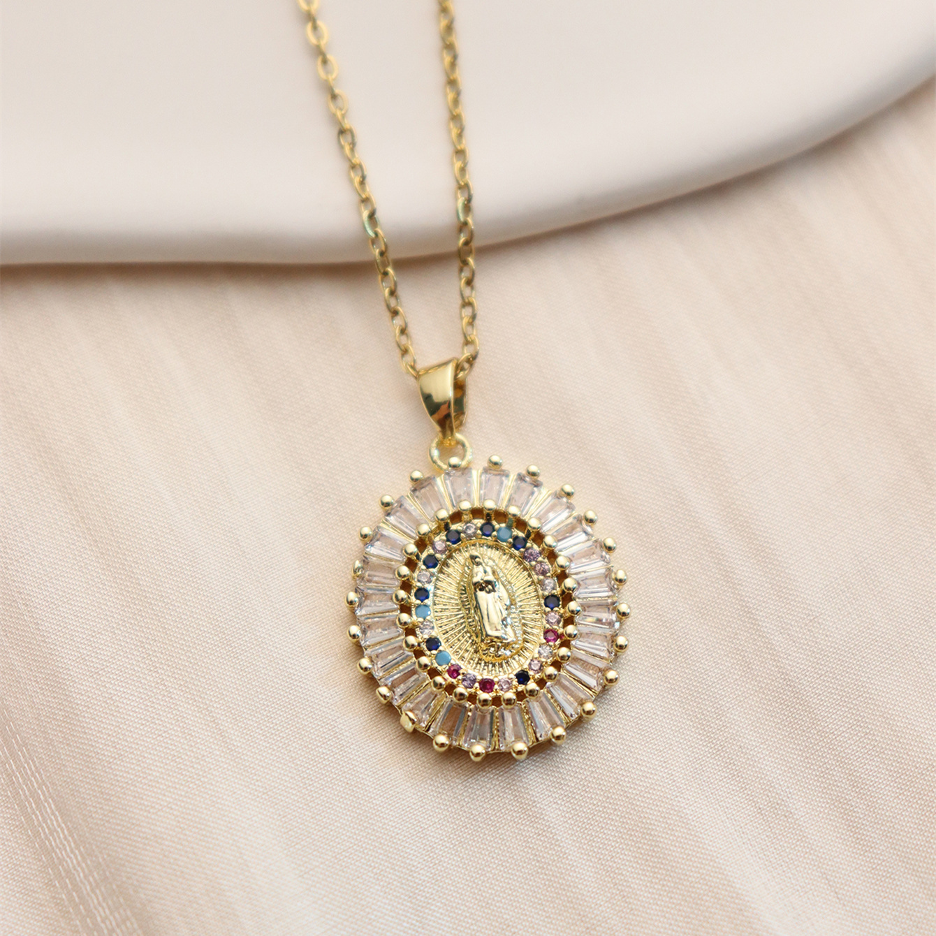 Wholesale IG Style Human Madonna Of The Yarnwinder 304 Stainless Steel Copper Inlay 18K Gold Plated Zircon Pendant Necklace display picture 14