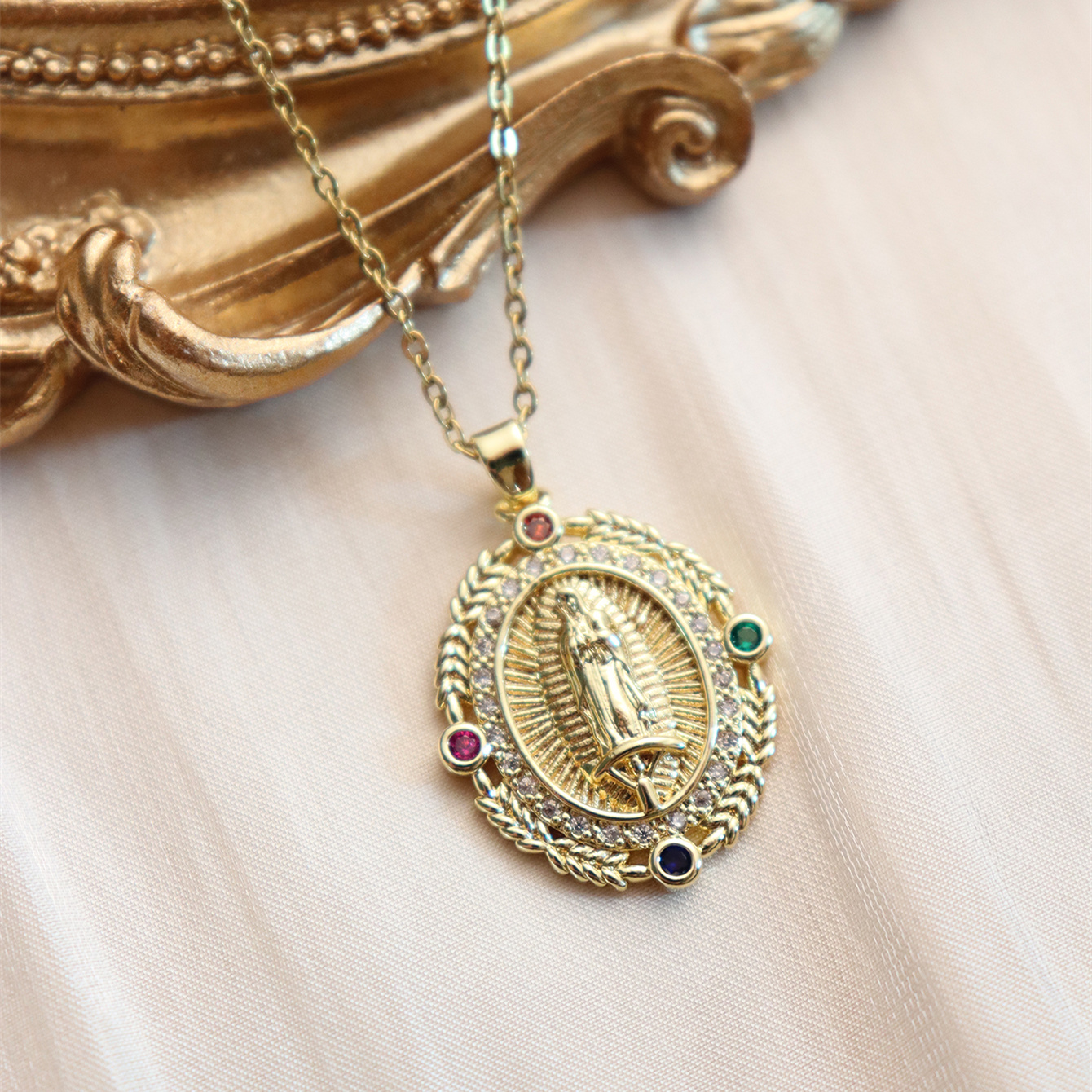 Wholesale IG Style Human Madonna Of The Yarnwinder 304 Stainless Steel Copper Inlay 18K Gold Plated Zircon Pendant Necklace display picture 22