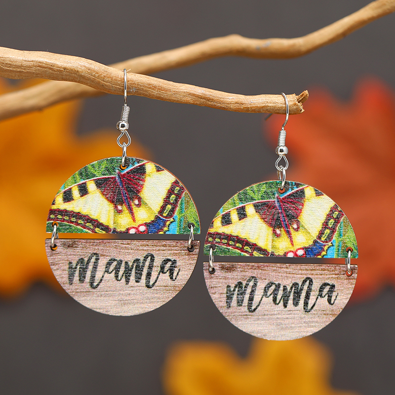 1 Pair Simple Style Classic Style Round Printing Wood Silver Plated Drop Earrings display picture 6