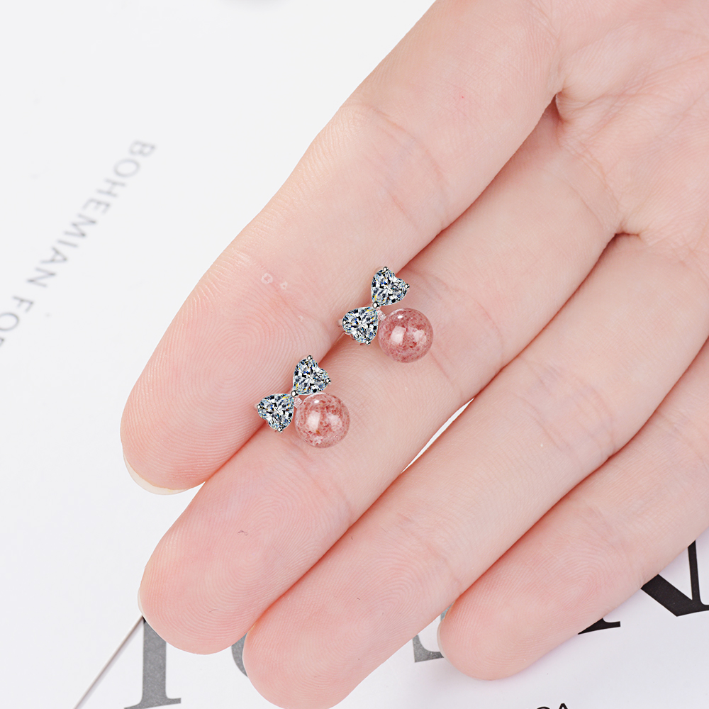 1 Pair Cute Lady Sweet Round Bow Knot Inlay Copper Artificial Crystal Zircon White Gold Plated Ear Studs display picture 6