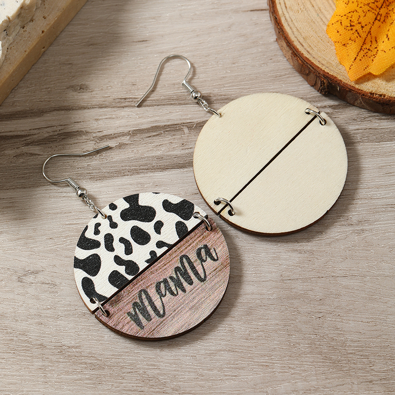 1 Pair Simple Style Classic Style Round Printing Wood Silver Plated Drop Earrings display picture 17